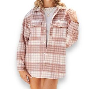New! Dusty Pink Plaid Snap Closure Faux Suede Shacket Size M/L Poly-Spandex
